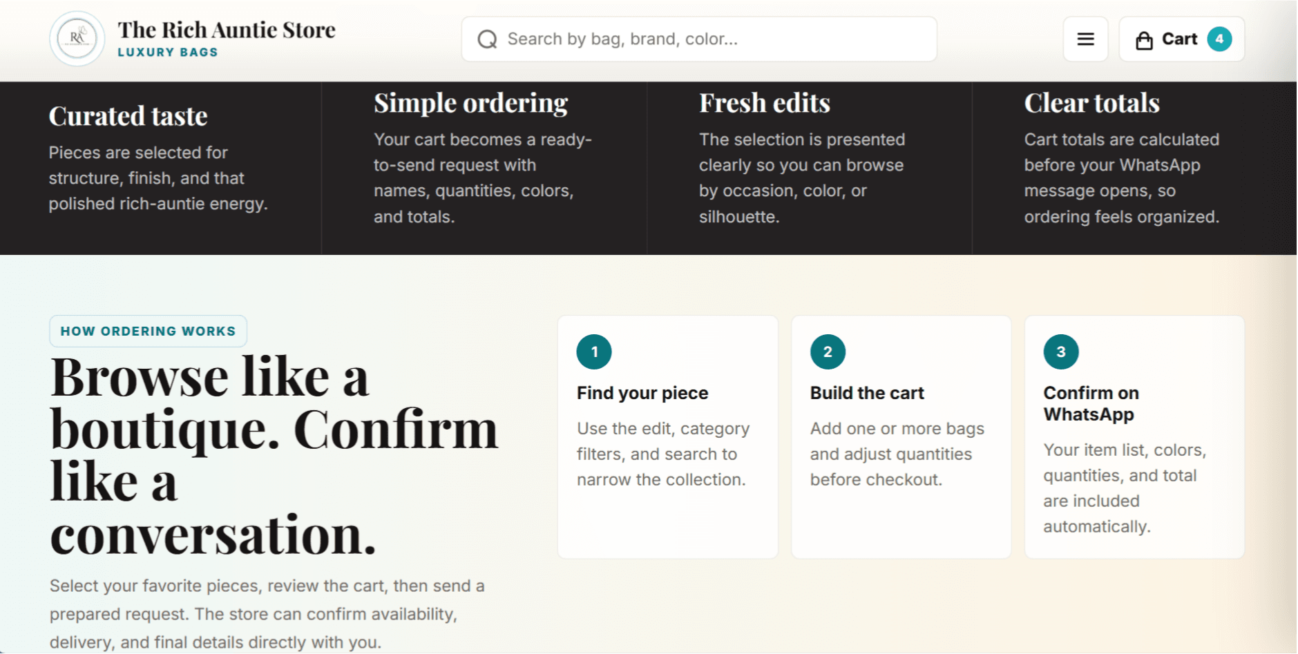 Rich Auntie Store cart and WhatsApp checkout flow